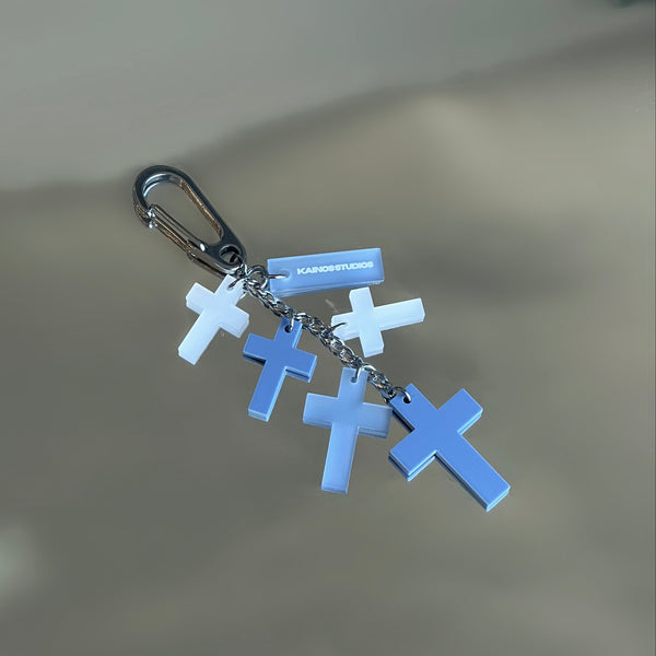 FROSTED BLUE CROSS CHARM KEYCHAIN